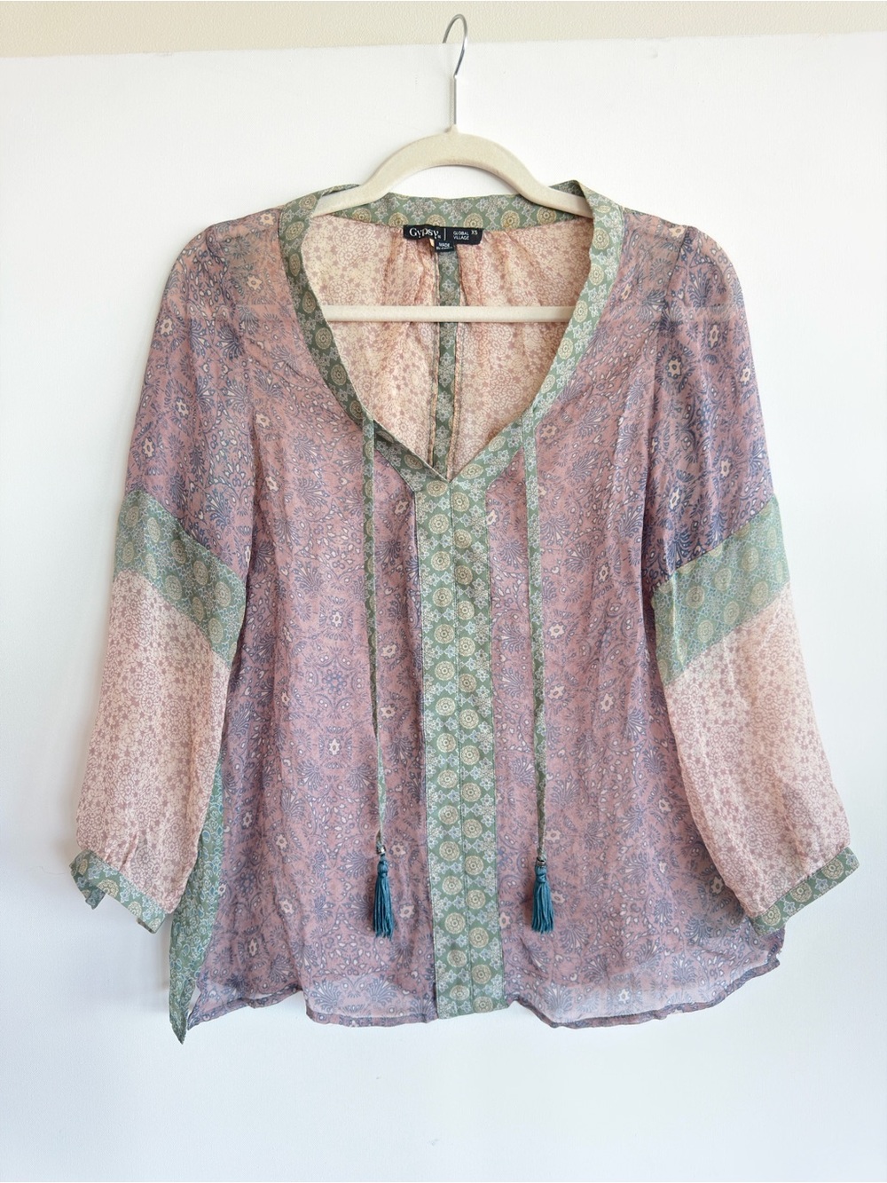 Gypsy 05 Anthropologie Patchwork Silk Tassel Peasant Blouse Size XS